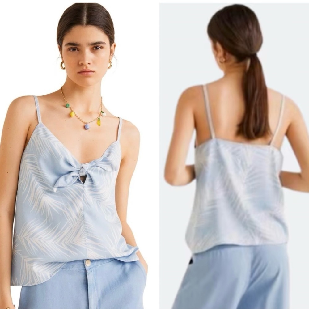 MNG Denim Mango Knot Soft Top Light Blue Palm Leaves Print Top Loose-Fit Size S